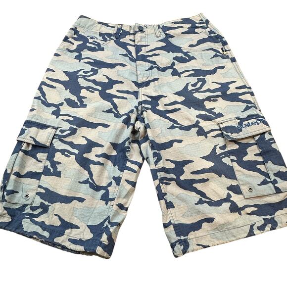 Vintage Y2K State Property Blue Gray Camo Baggy Shorts Skater Waist Size 34 - Picture 13 of 15